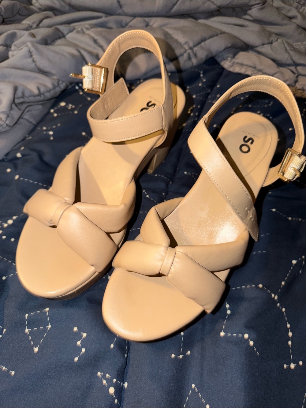 SO Beige Knot Front Ankle Strap Heels